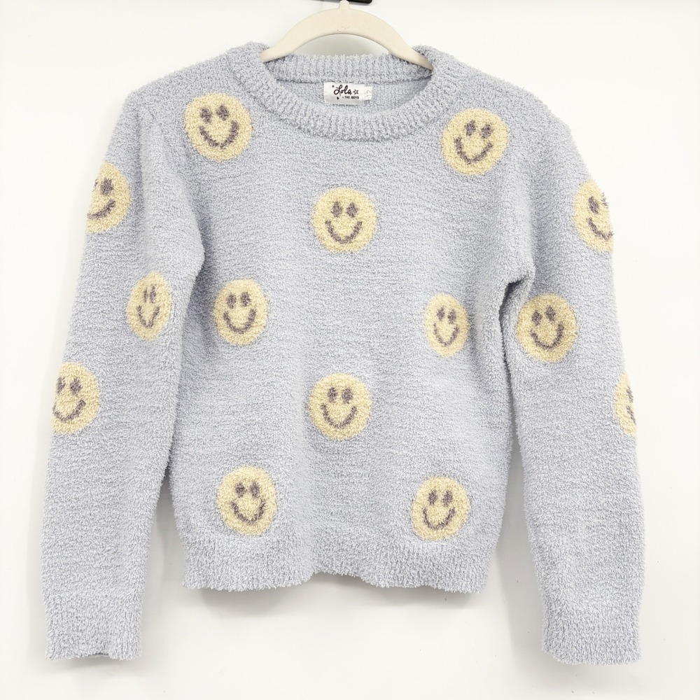 Lola + The Boys Girls Blue Fuzzy Smiley Face Kidcore Cozy Knit Sweater Size 12